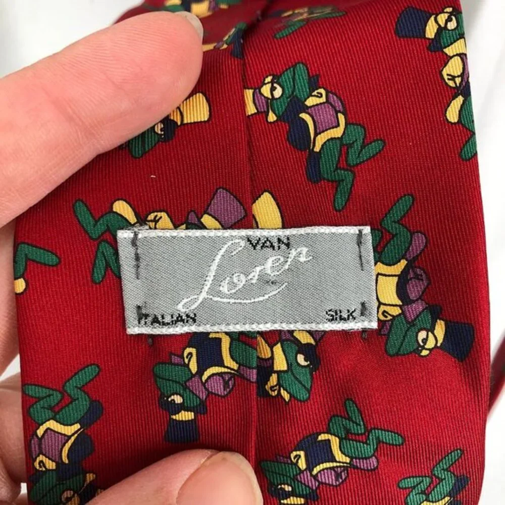 vintageVAN LOREN Italy Italian 100% Silk Tie Red fancy Frog‎ Tails & Top Hat